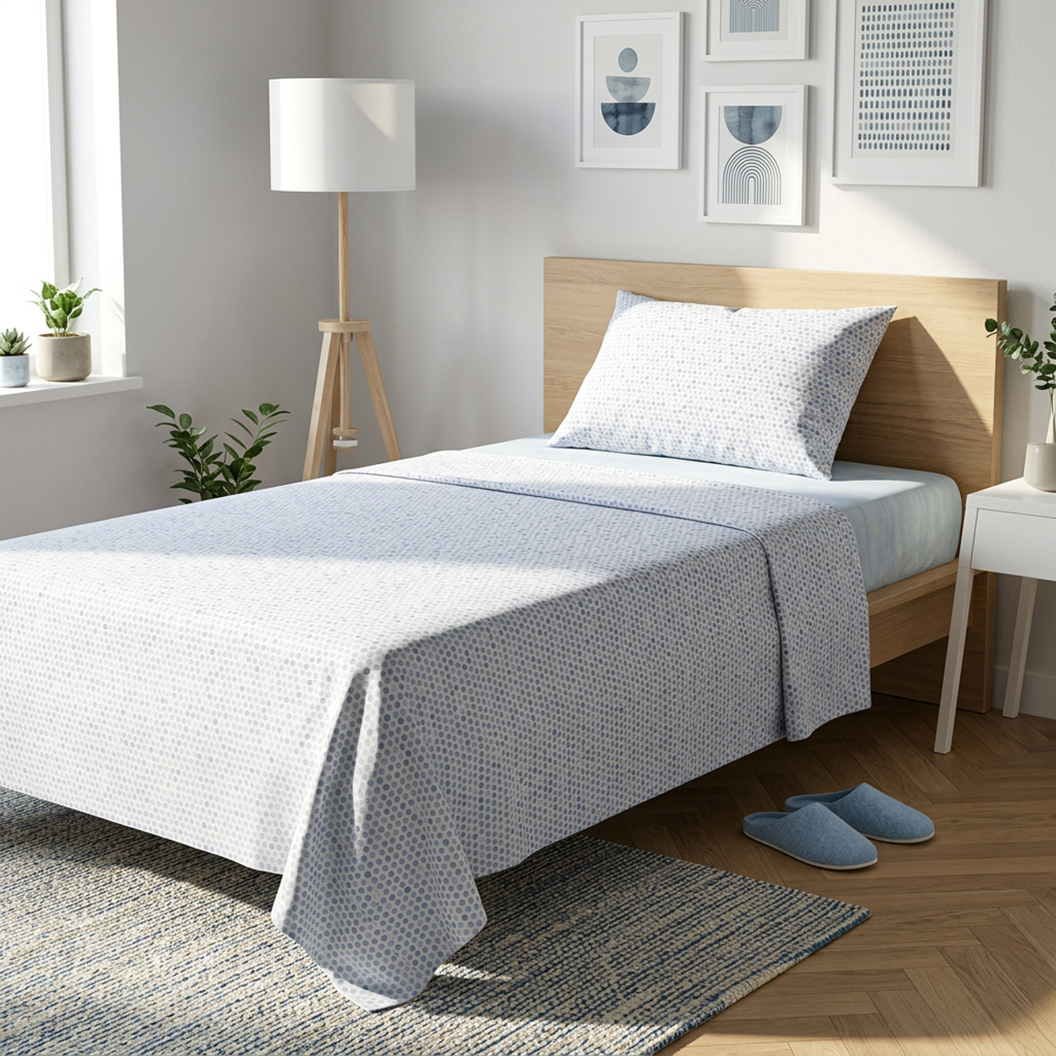 Completo letto una piazza e mezza stampa pois azzurro