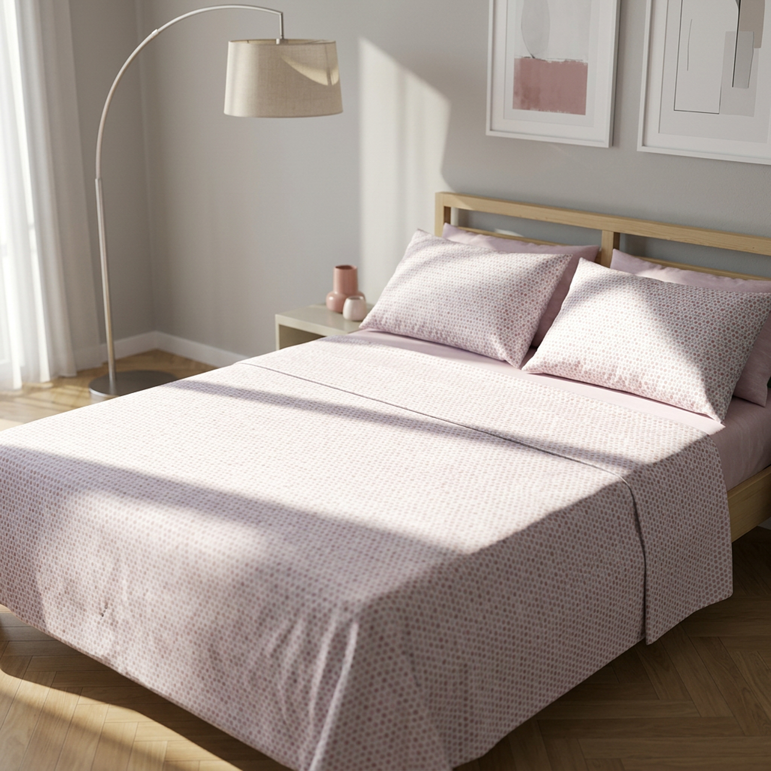 Completo letto matrimoniale stampa pois rosa
