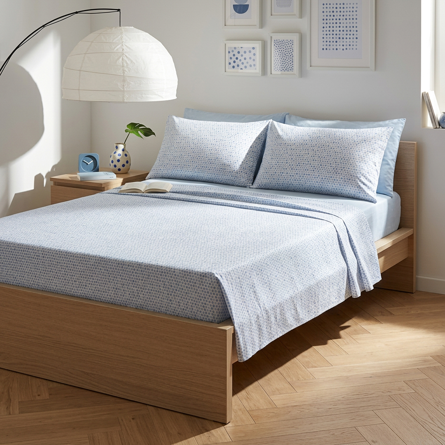Completo letto matrimoniale stampa pois azzurro