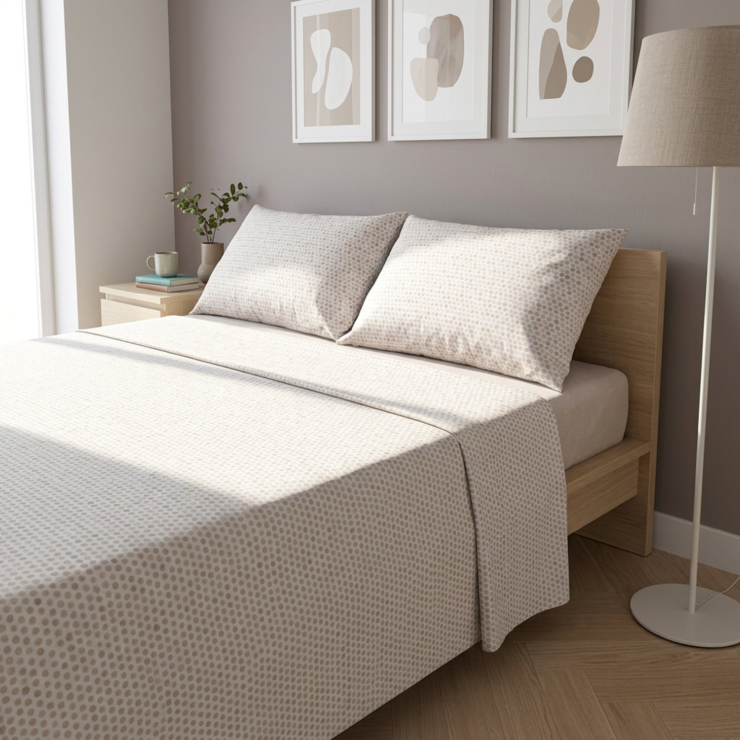 Completo letto matrimoniale stampa pois tortora