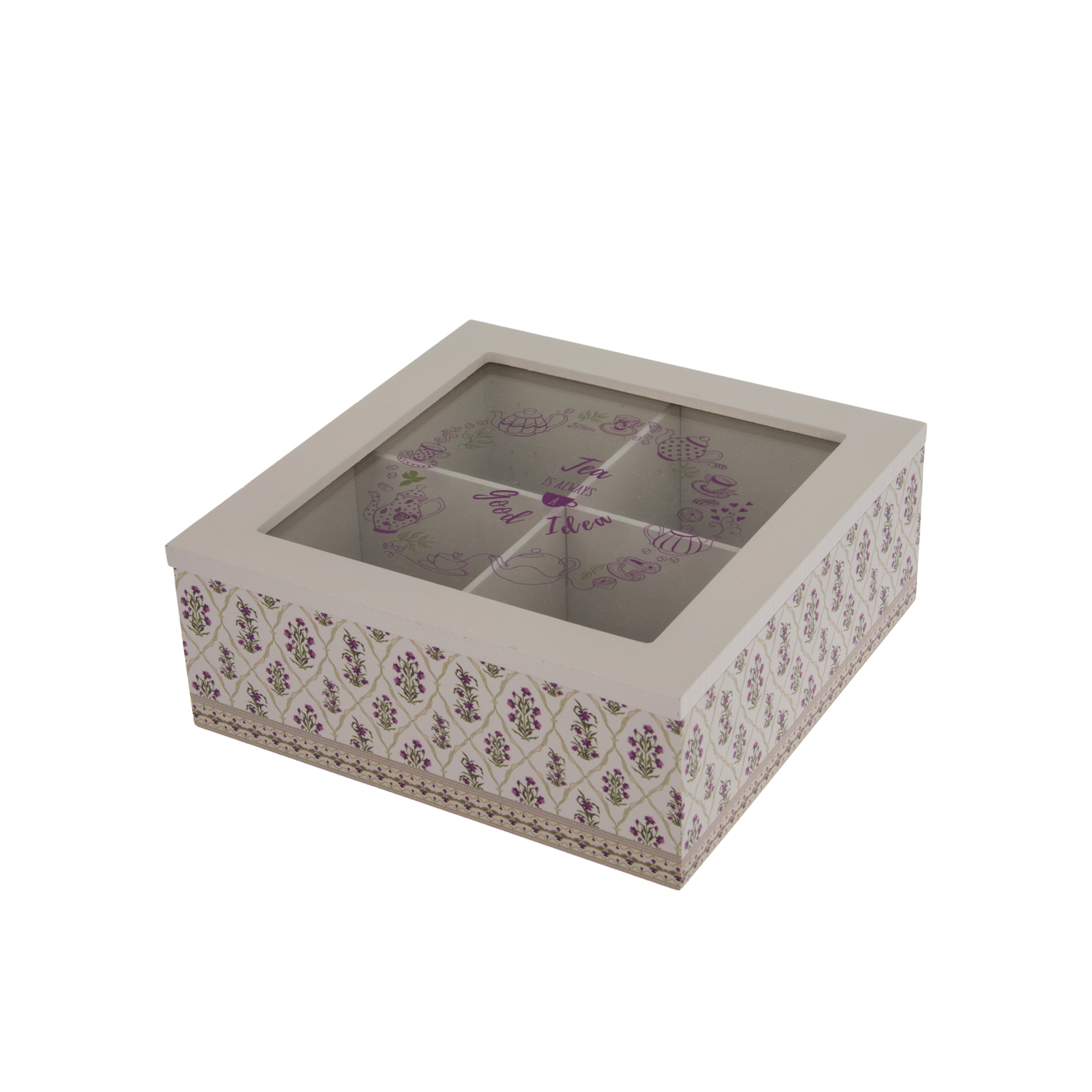 Scatola tè 4 scomparti 18x18x7 cm grigio lilla