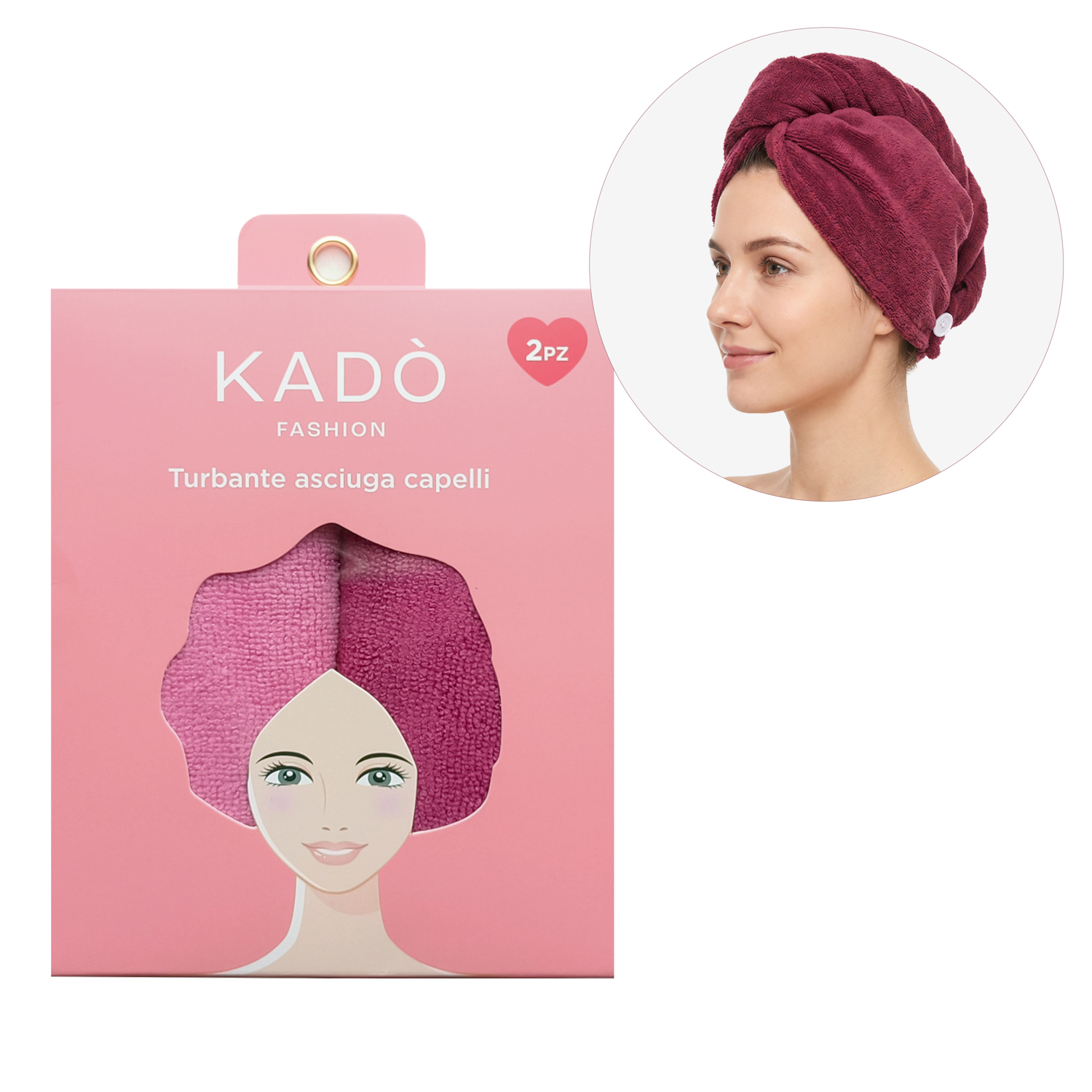 Set 2 asciugamani capelli turbante in microfibra rosa