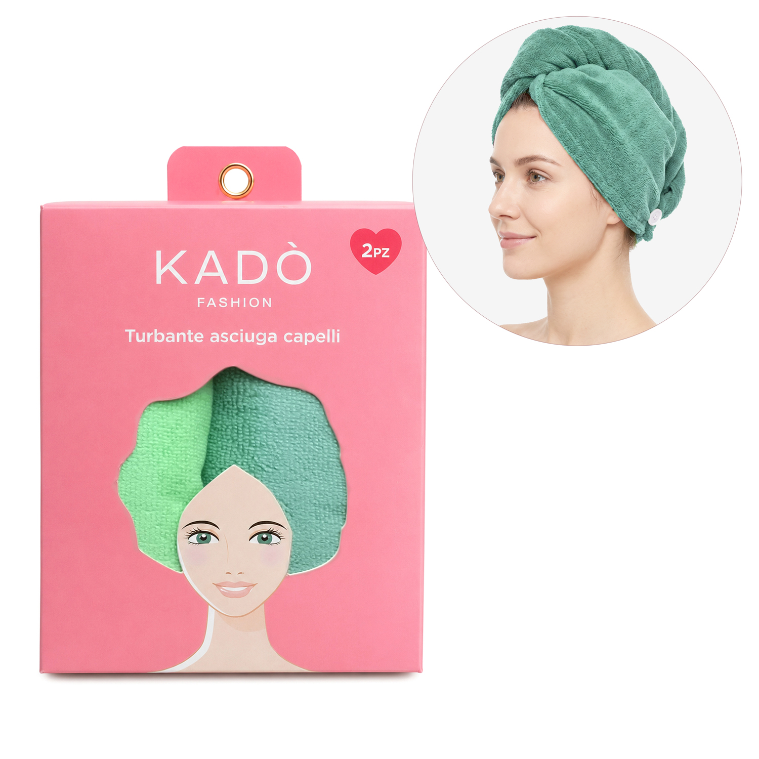 Set 2 asciugamani capelli turbante in microfibra verde