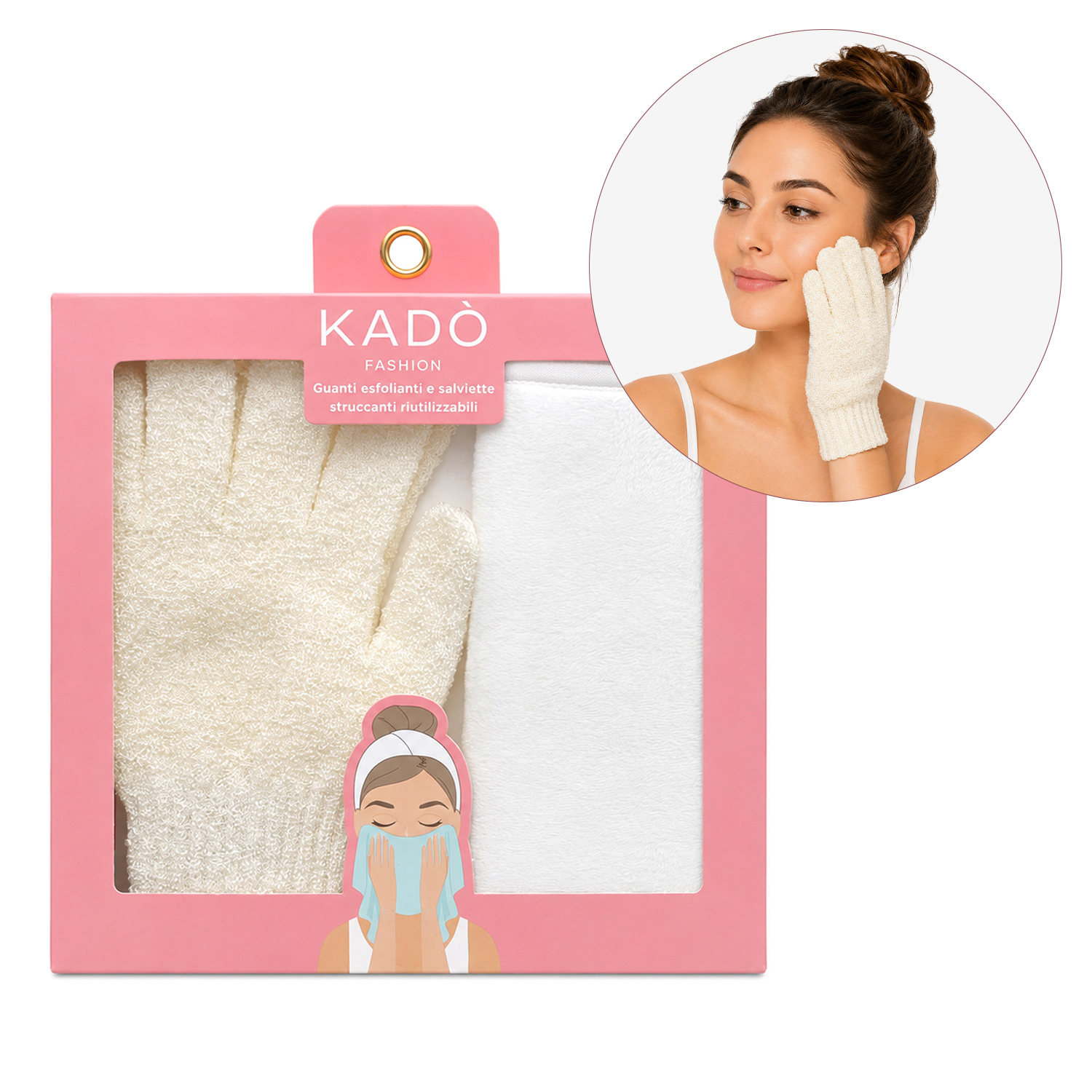 Set guanti esfolianti e salvietta struccante riutilizzabili beige