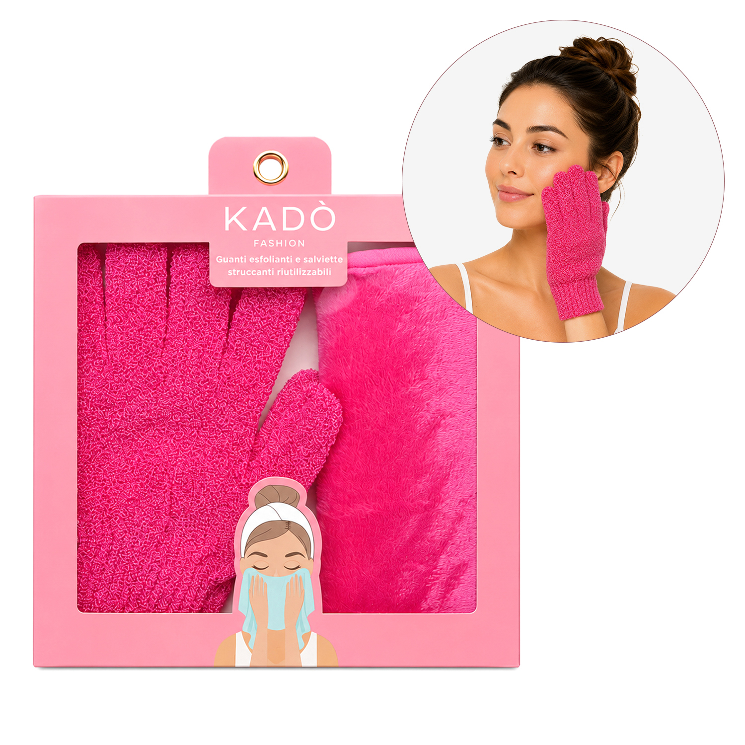 Set guanti esfolianti e salvietta struccante riutilizzabili fucsia
