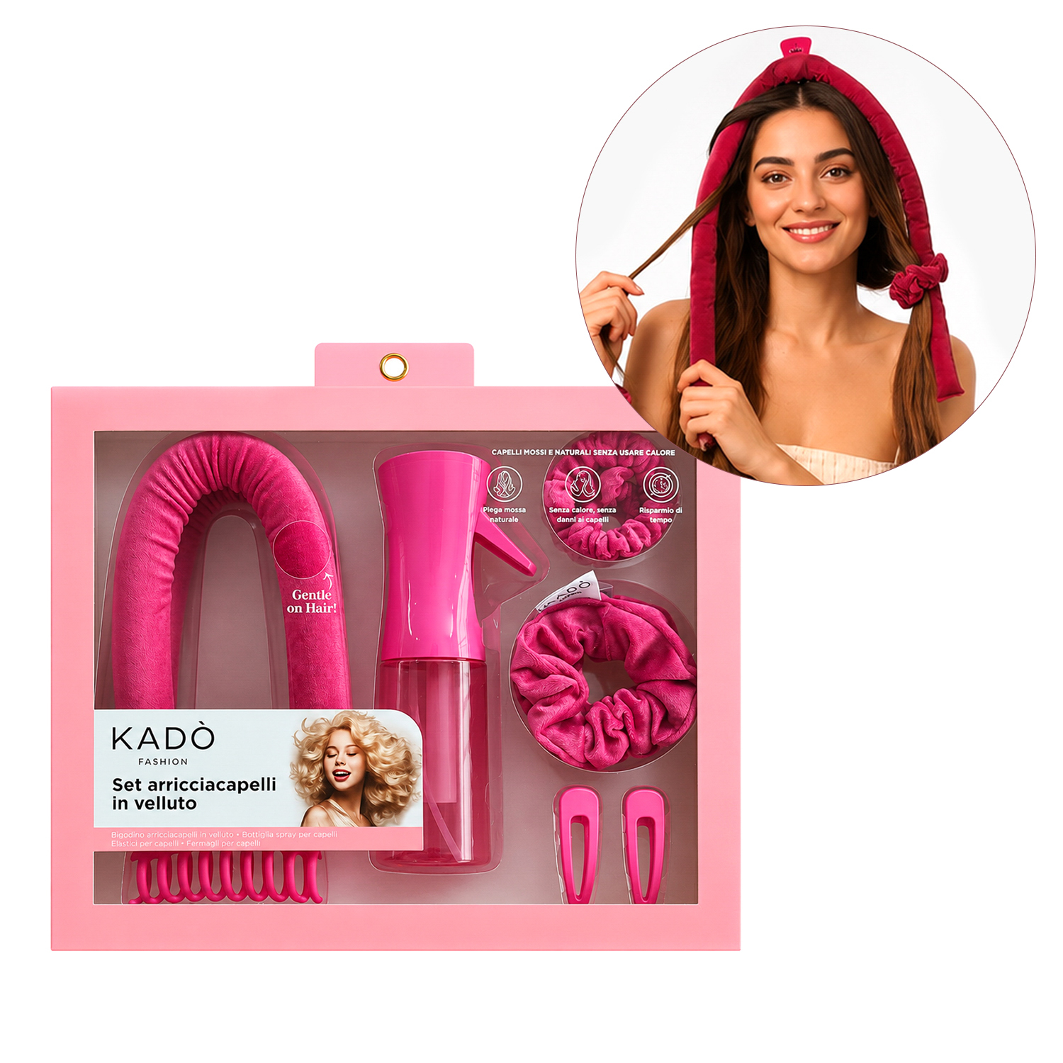 Set arricciacapelli senza calore in velluto rosa