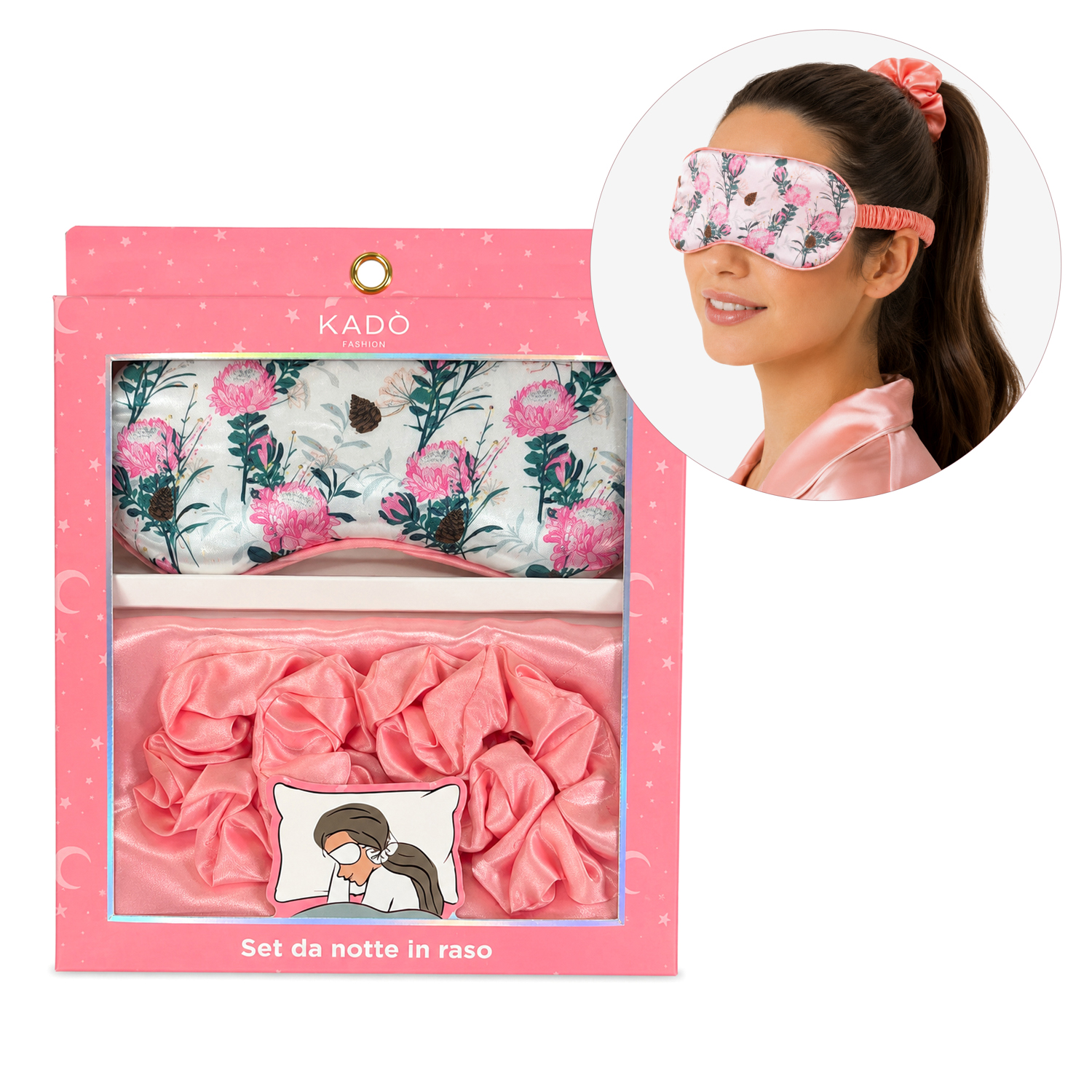 Set beauty notte in raso rosa