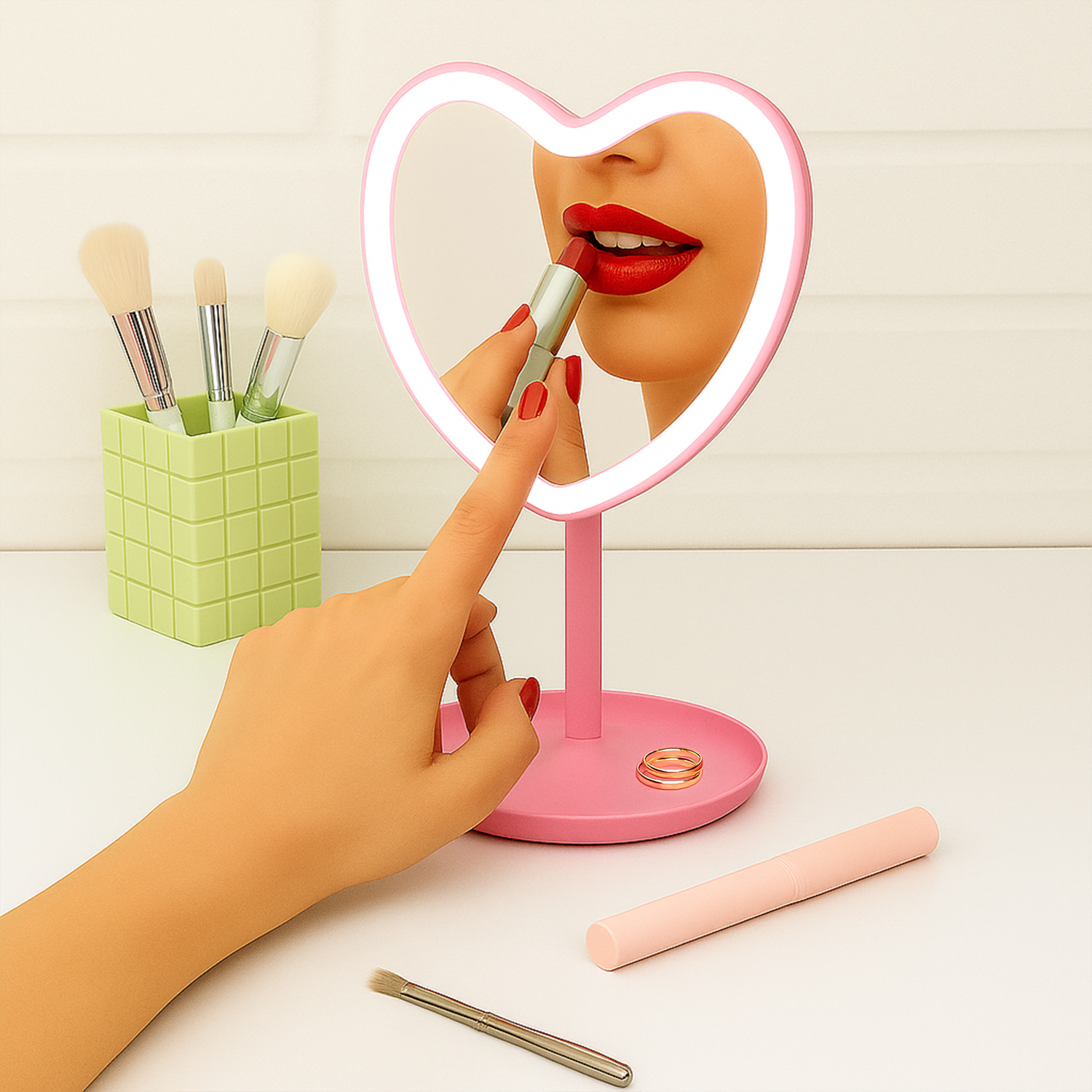 Specchio da tavolo cuore con led rosa