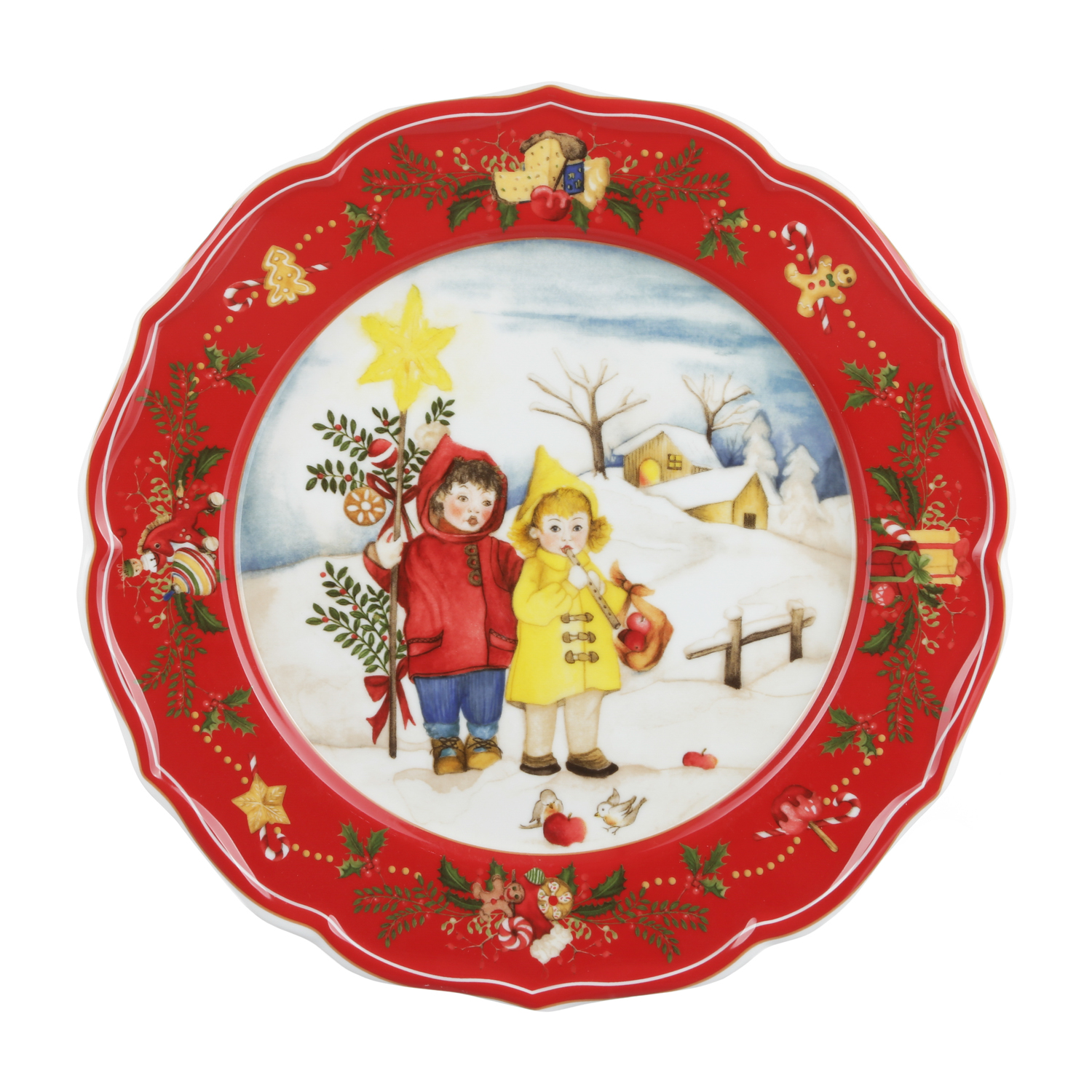 Sottopiatto Natale bambini bordo rosso porcellana 32,5 cm