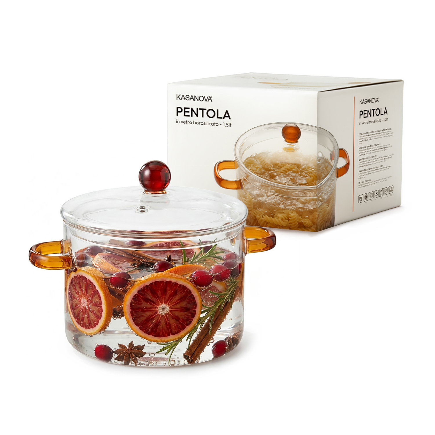 Pentola 1,5 L vetro borosilicato con coperchio manici ambra