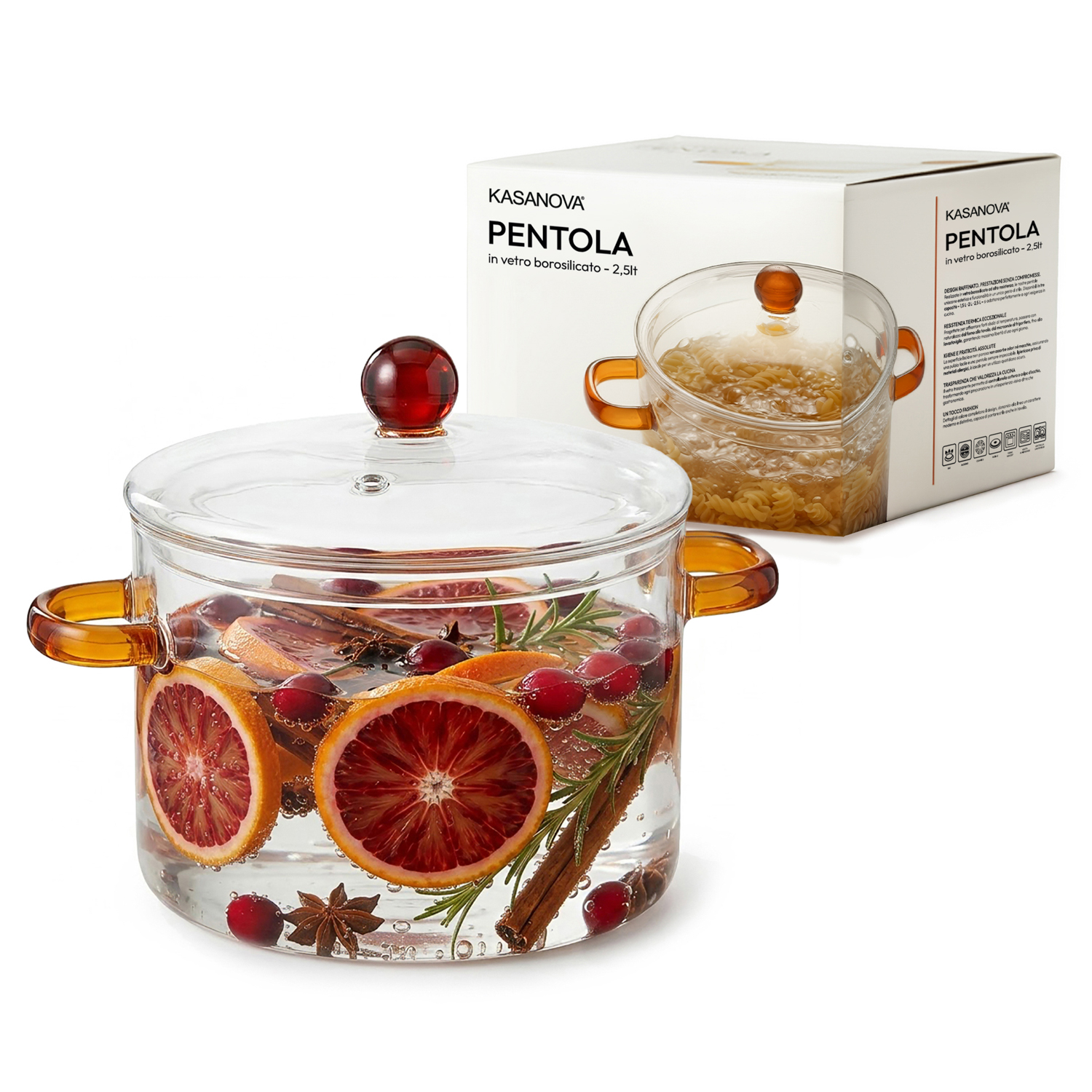 Pentola 2,5 L vetro borosilicato con coperchio manici ambra