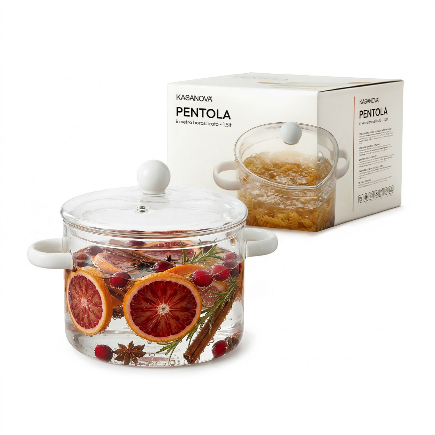 Pentola 1,5 L vetro borosilicato con coperchio manici bianchi