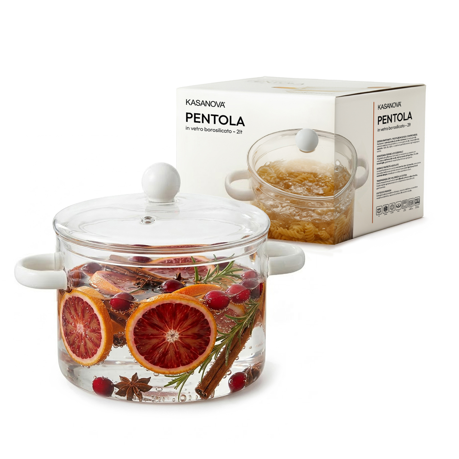 Pentola 2 L vetro borosilicato con coperchio manici bianchi