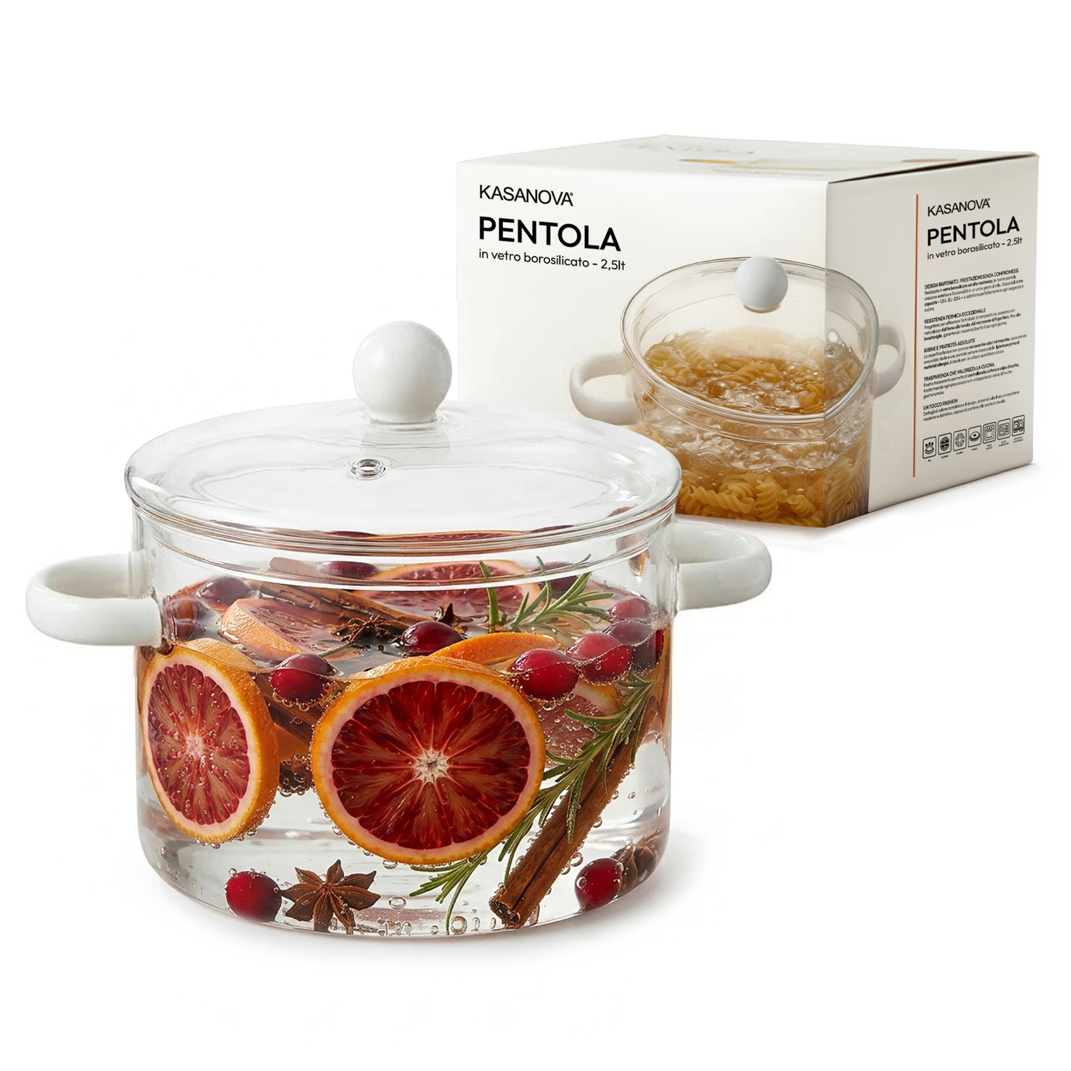 Pentola 2,5 L vetro borosilicato con coperchio manici bianchi