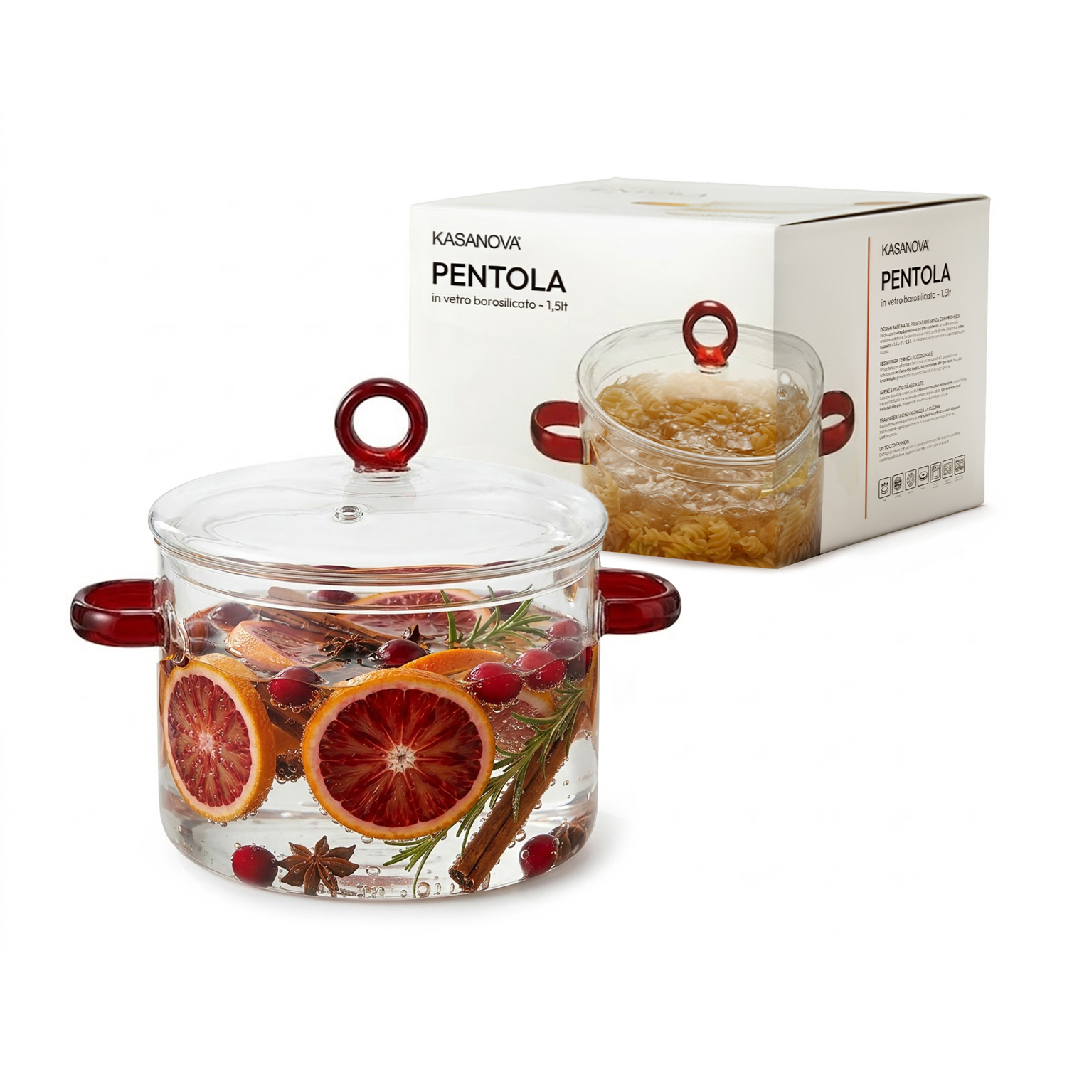 Pentola 1,5 L vetro borosilicato con coperchio manici rossi