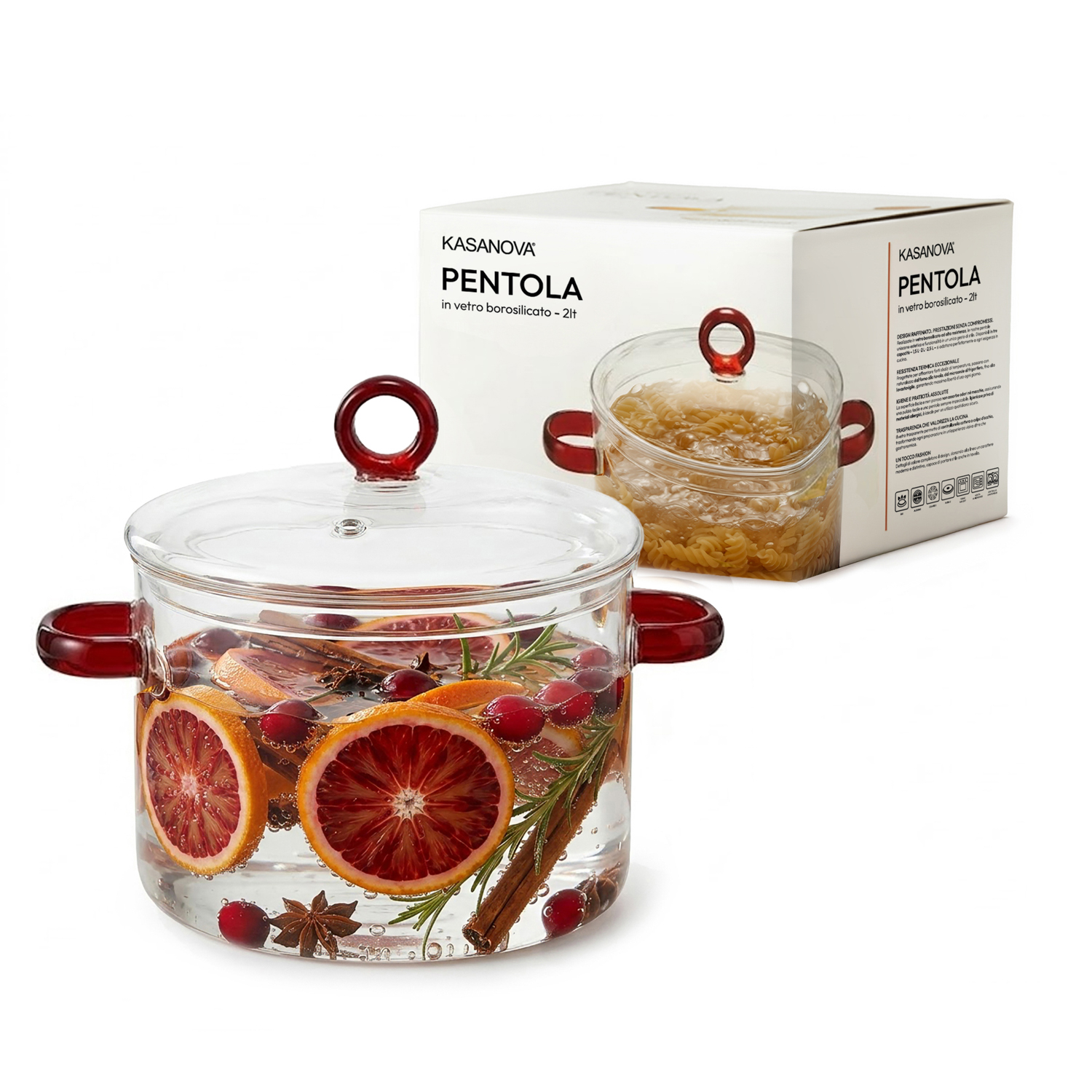 Pentola 2 L vetro borosilicato con coperchio manici rossi