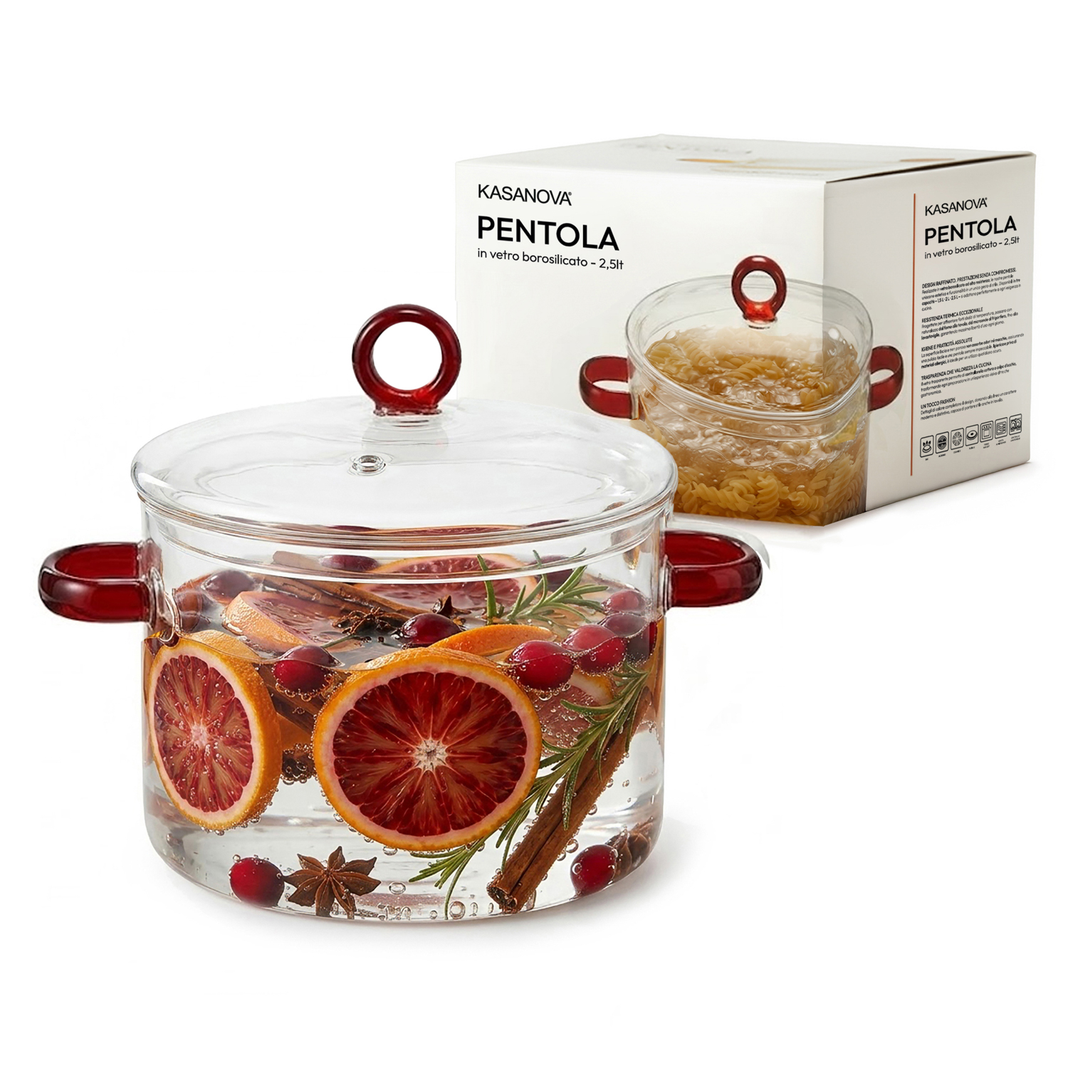 Pentola 2,5 L vetro borosilicato con coperchio manici rossi