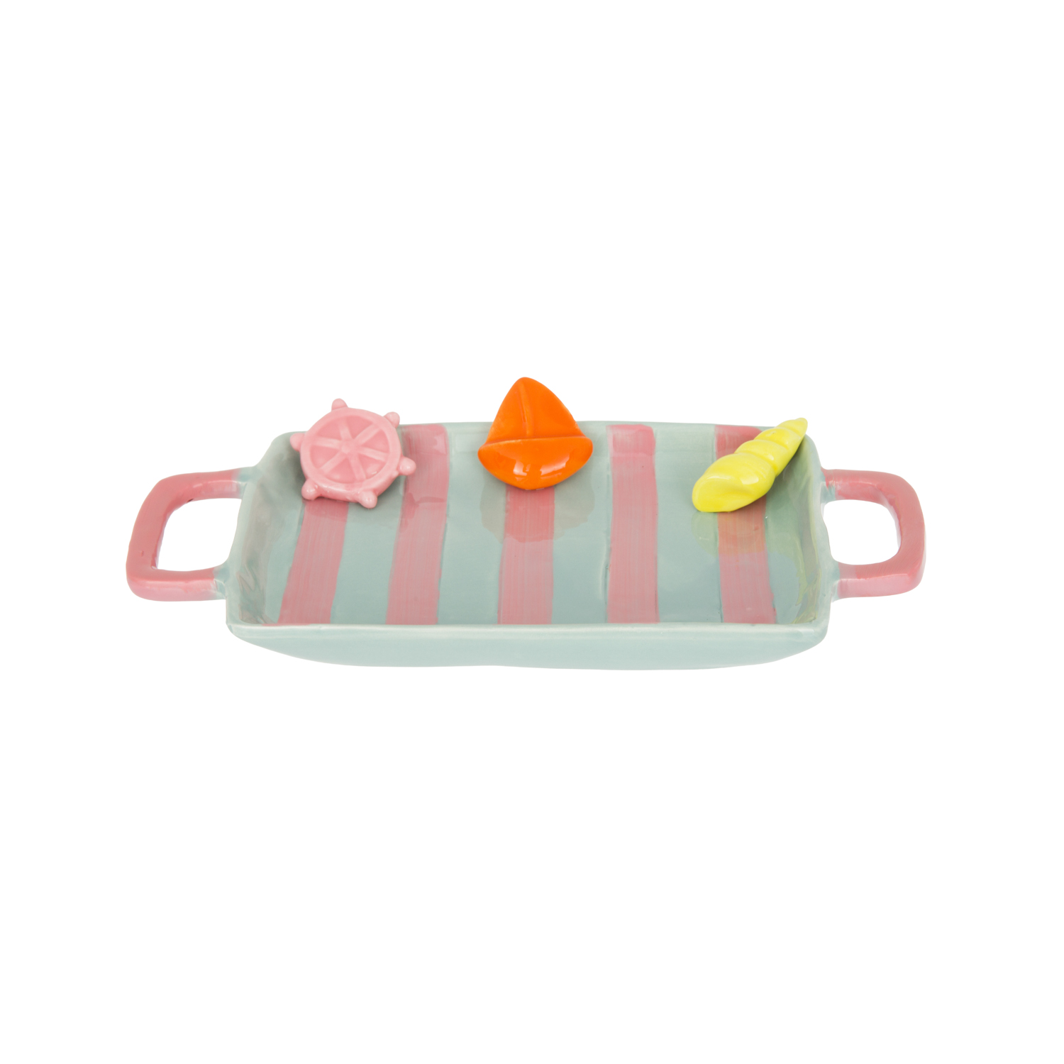 Vassoio manici righe rosa 21,4x11,7 cm ceramica
