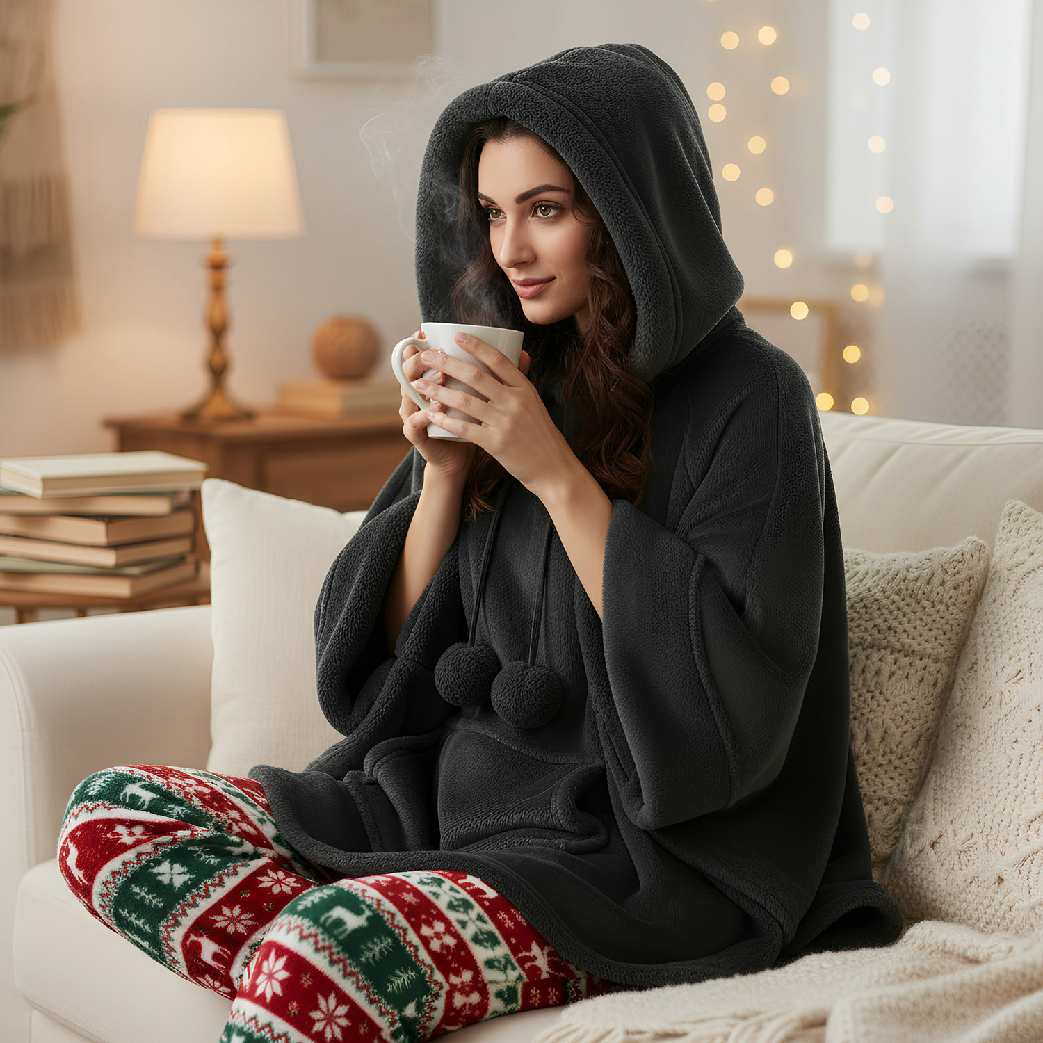 Poncho con cappuccio e pon pon nero Fashion
