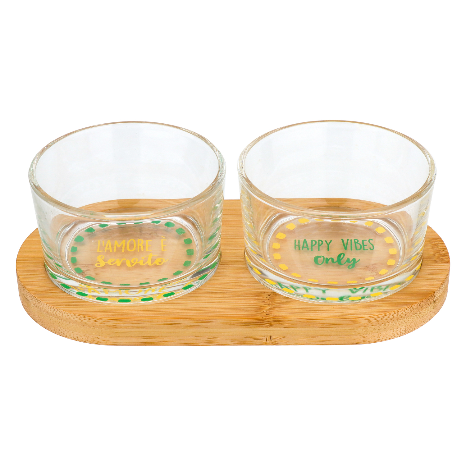 Set 2 ciotoline vetro con vassoio legno Color Bloom