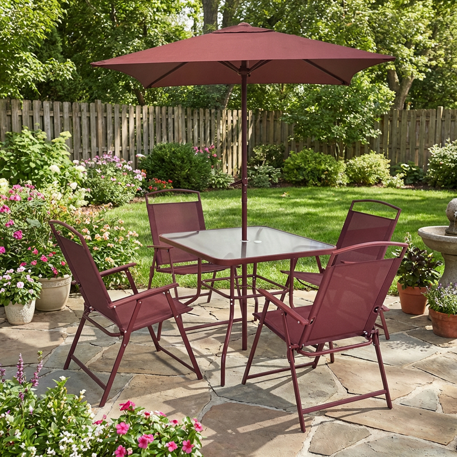 Set tavolo mogano con ombrellone e 4 sedie