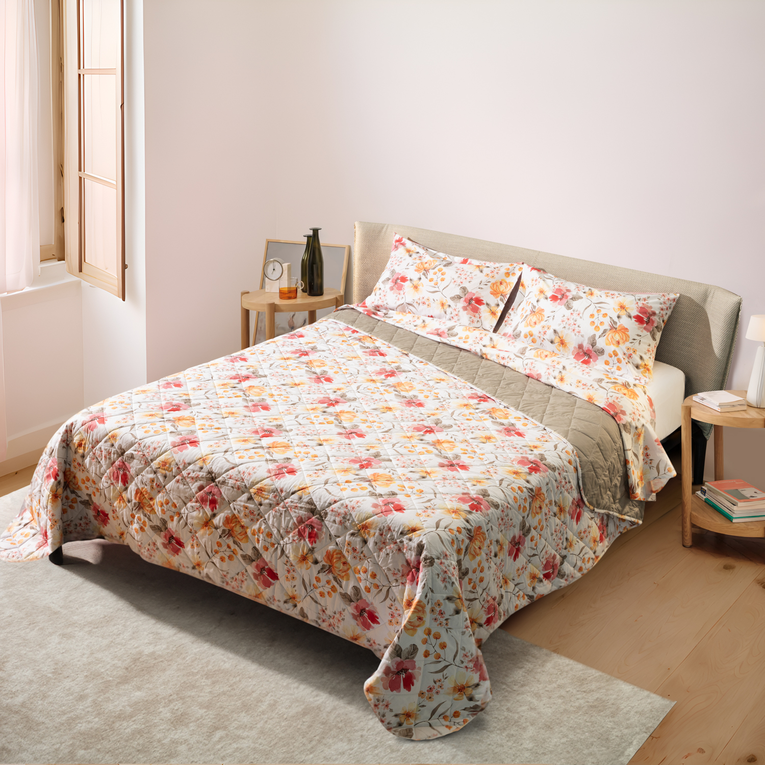 Trapuntino Matrimoniale Fiori Rosa Cotone Percalle