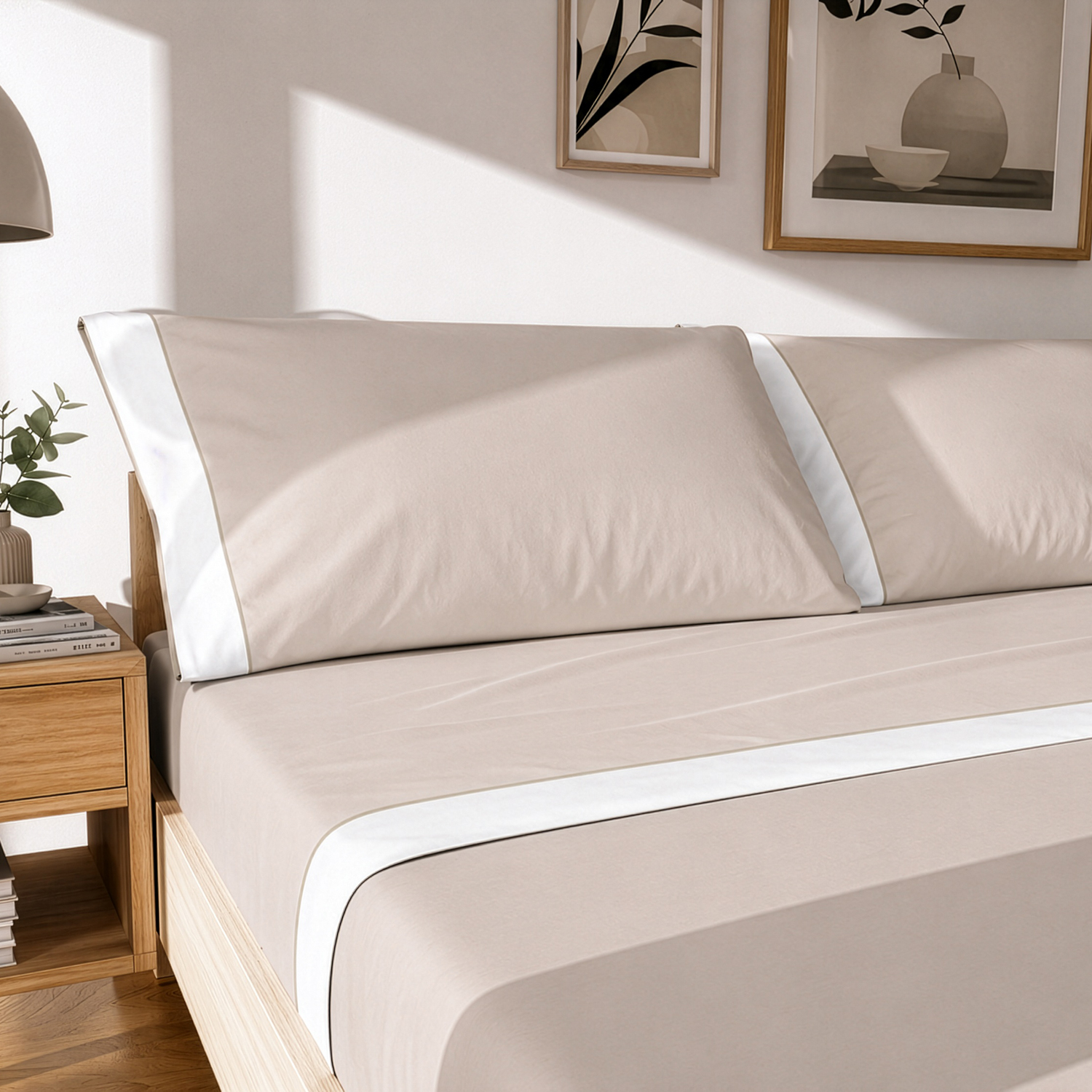 Completo letto matrimoniale cotone bordato beige