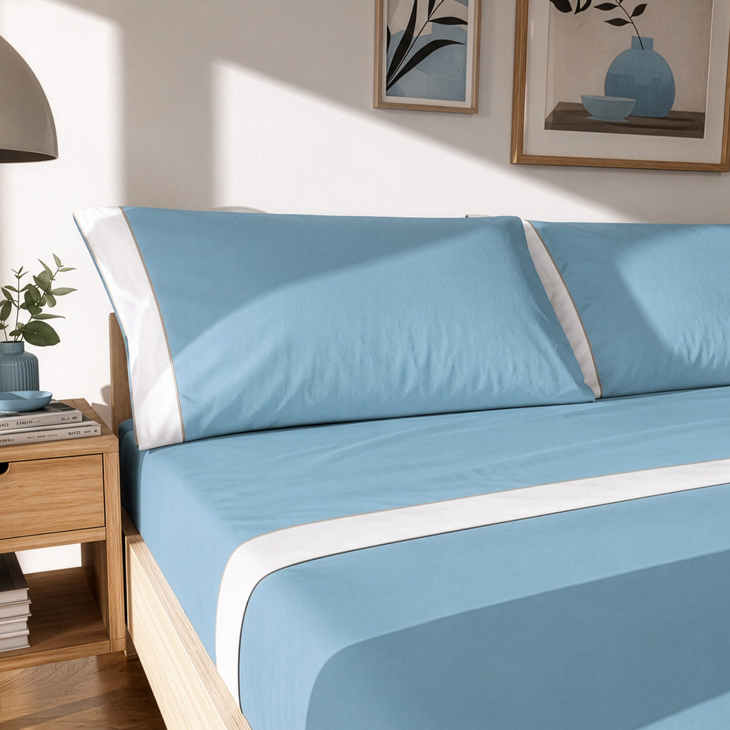 Completo letto matrimoniale cotone bordato azzurro