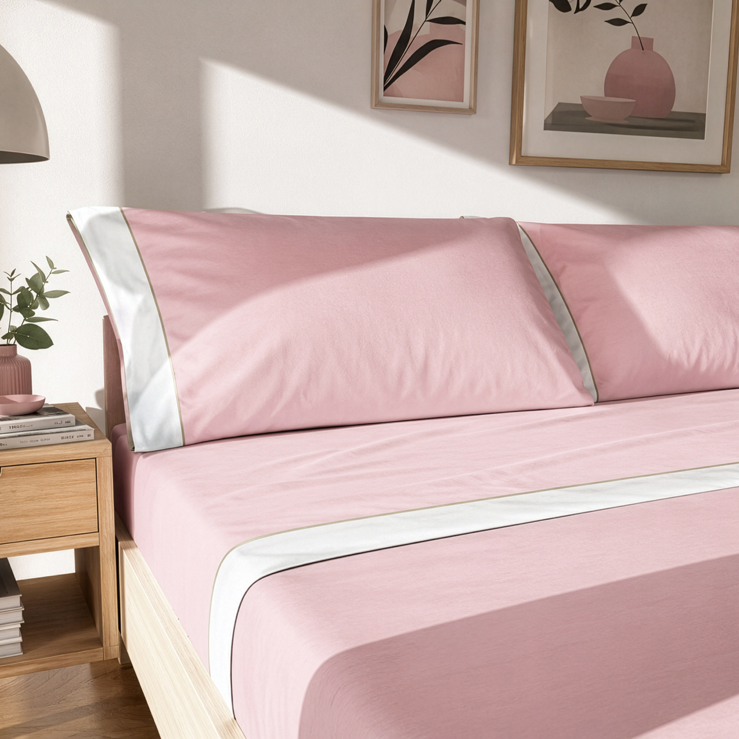 Completo letto matrimoniale cotone bordato rosa