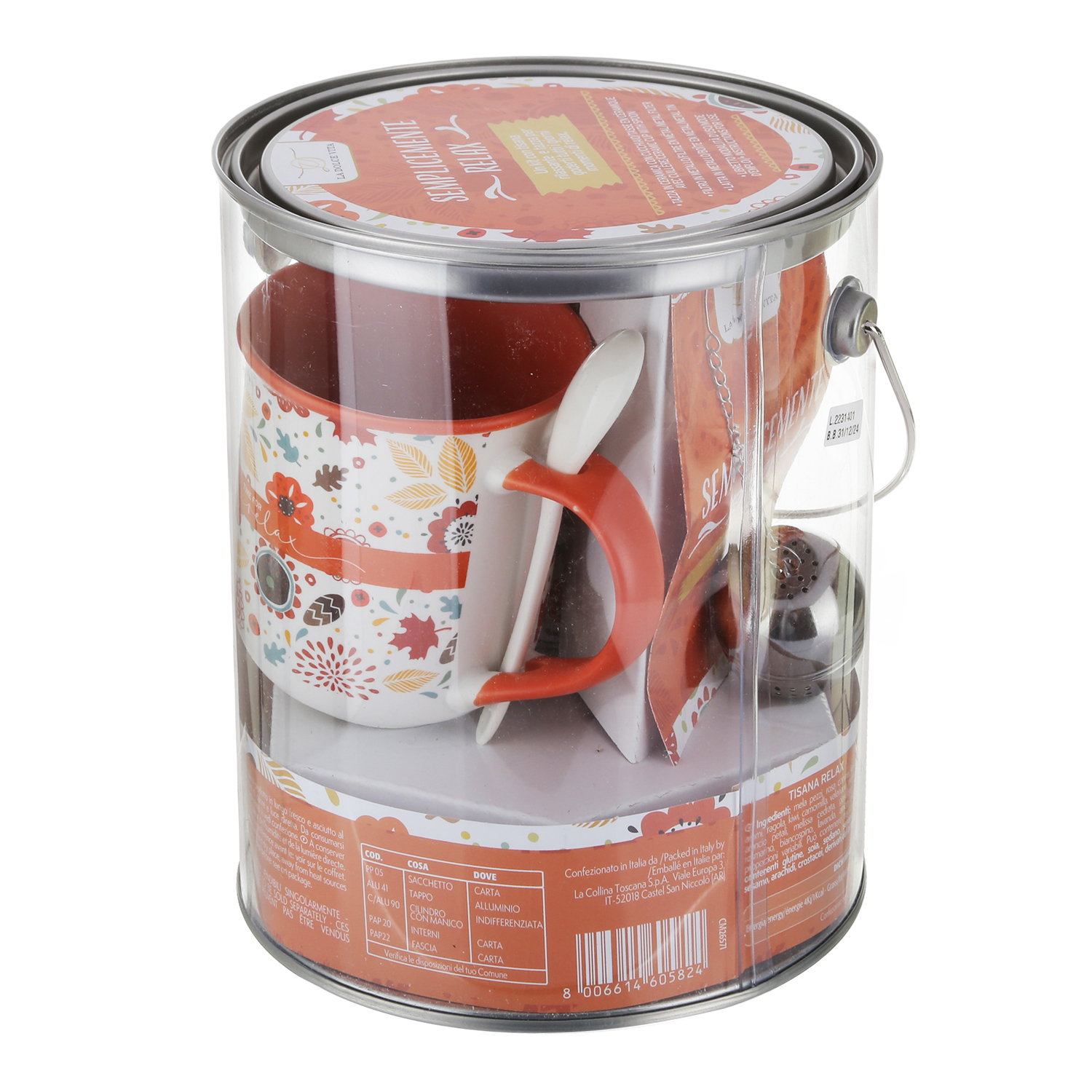 Set regalo tazza con filtro e tisana arancione