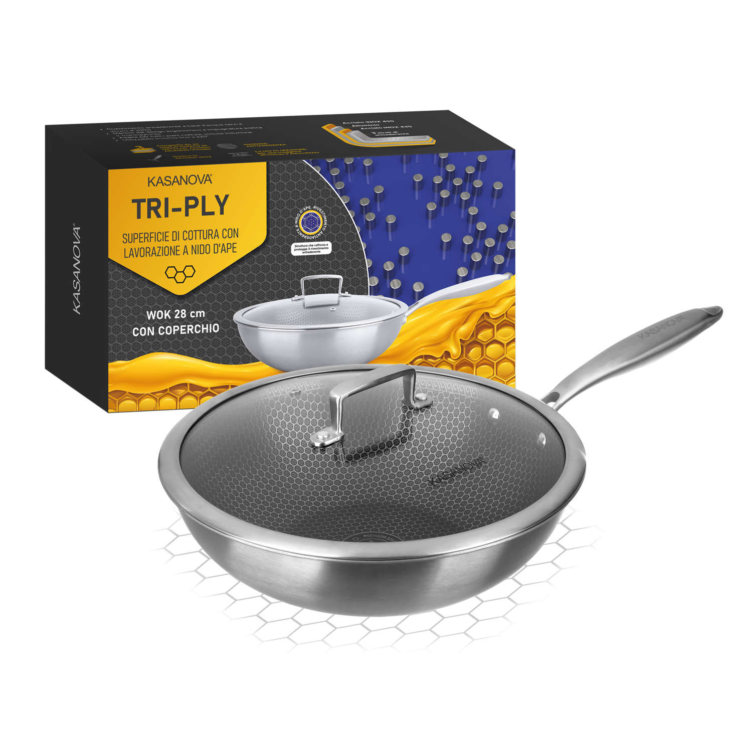 Wok 28 cm Tri-Ply con Coperchio - KASANOVA