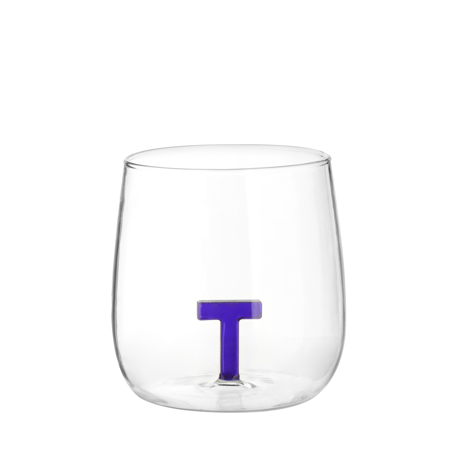 Bicchiere acqua lettera T blu in vetro borosilicato, da 380 ml