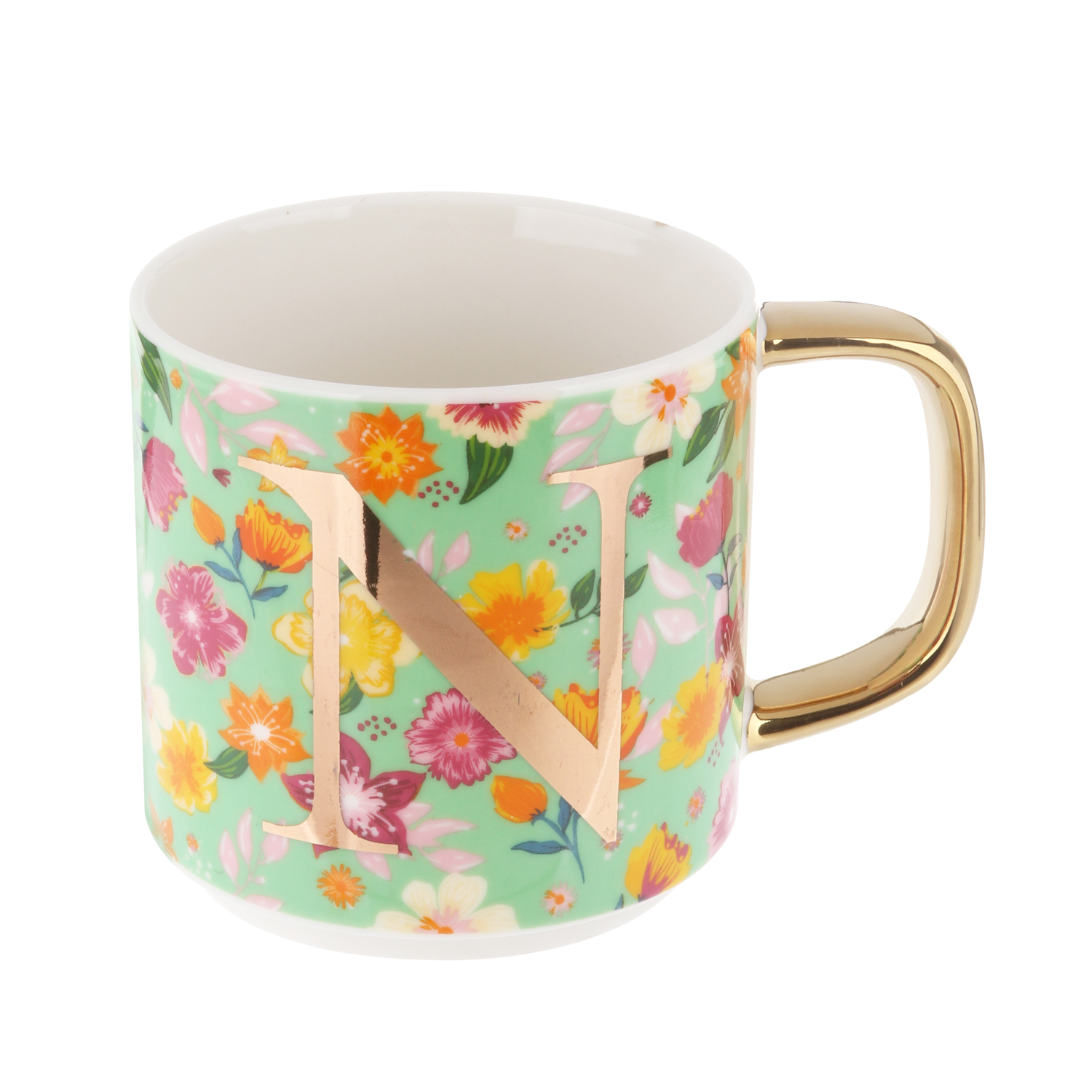 Mug fiori con lettera N in New Bone China, 350 ml