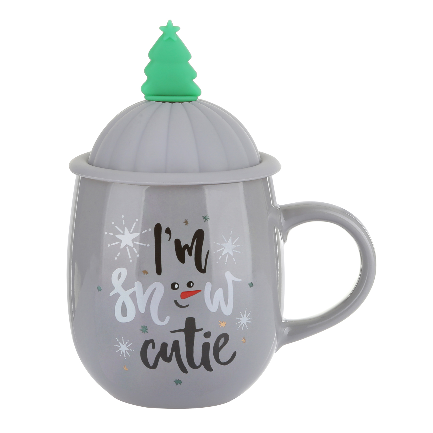 Tazza mug natalizia 470 ml grigia con coperchio in silicone