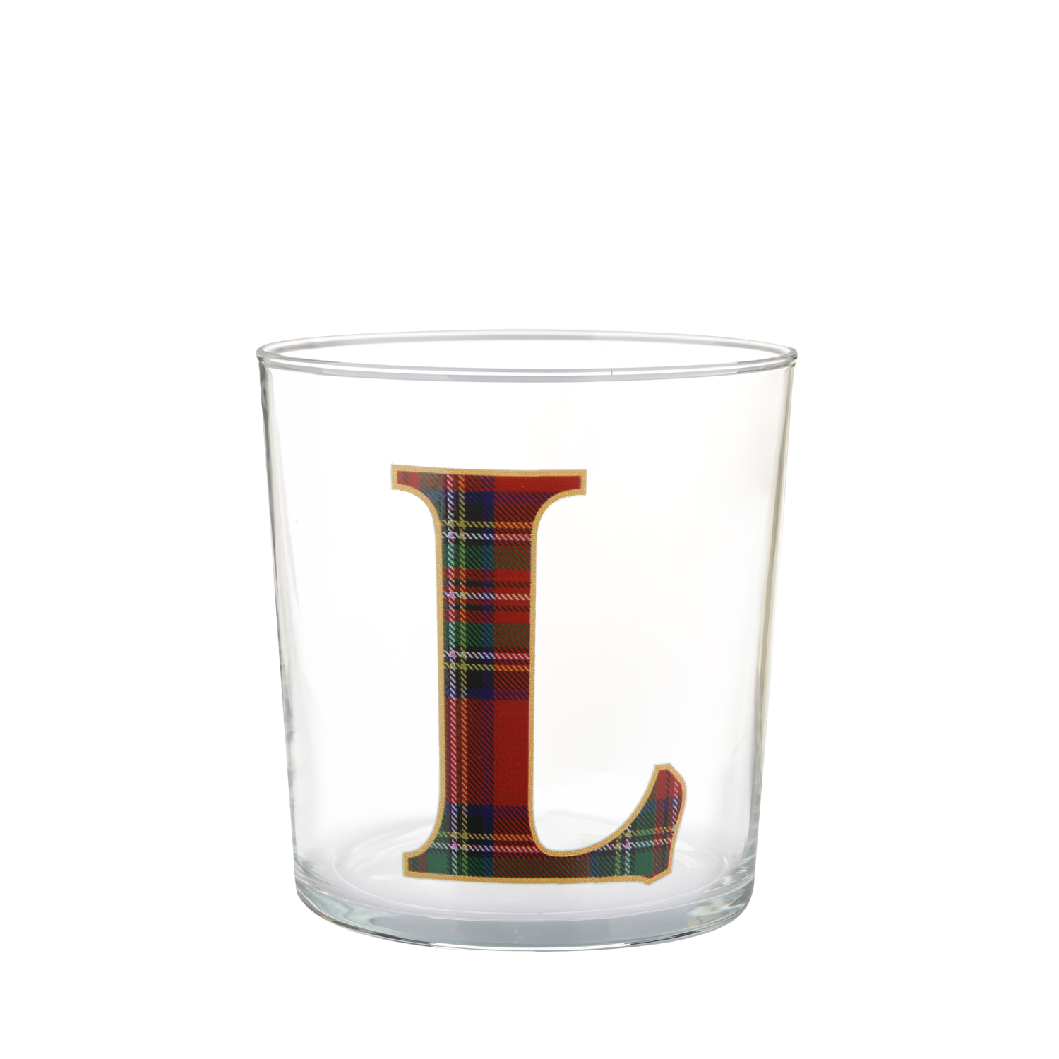 Bicchiere lettera L tartan rosso in vetro 360 ml
