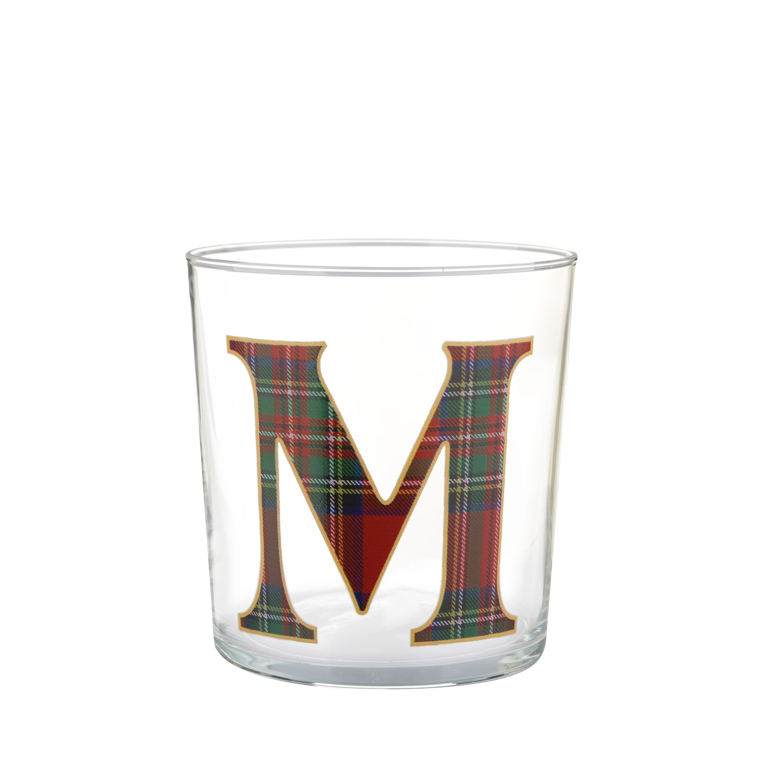 Bicchiere lettera M tartan rosso in vetro 360 ml