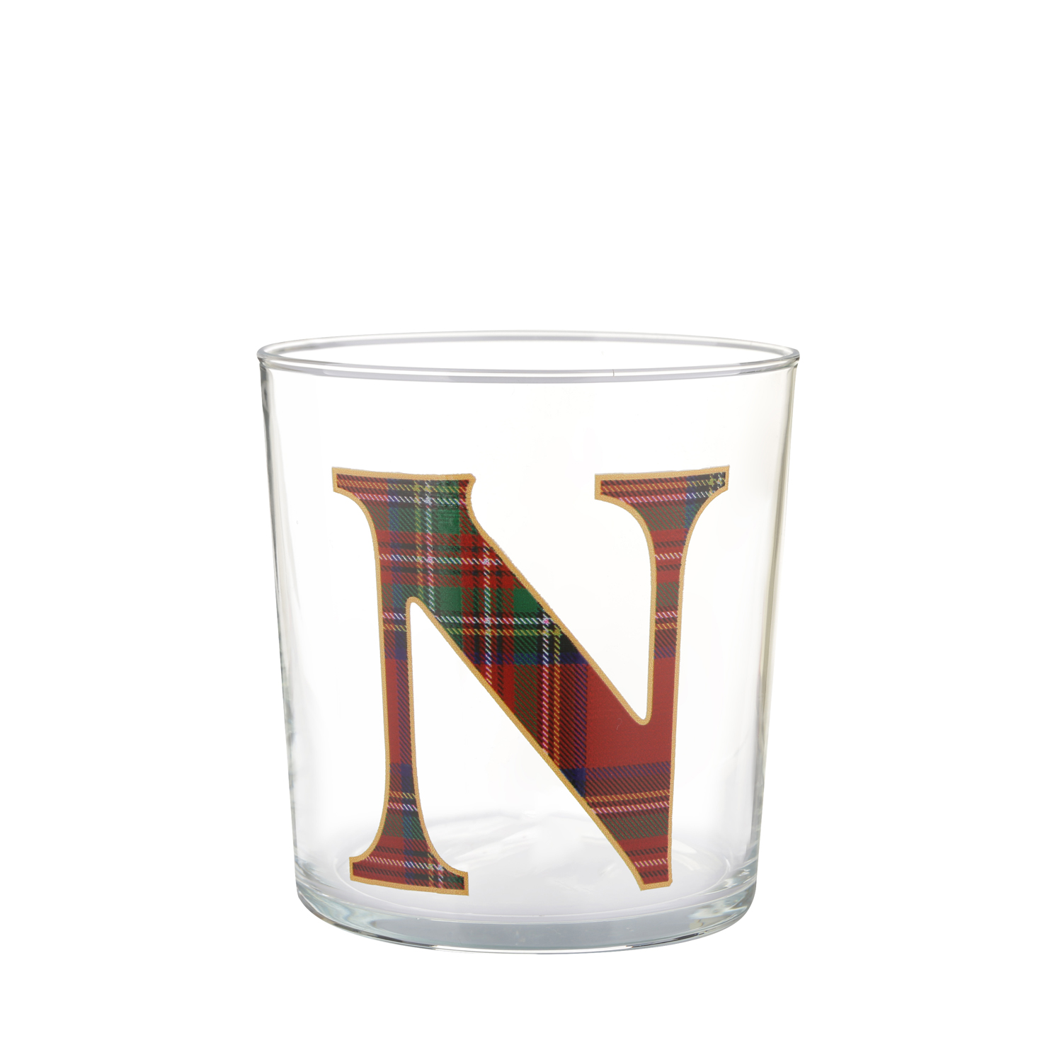 Bicchiere lettera N tartan rosso in vetro 360 ml