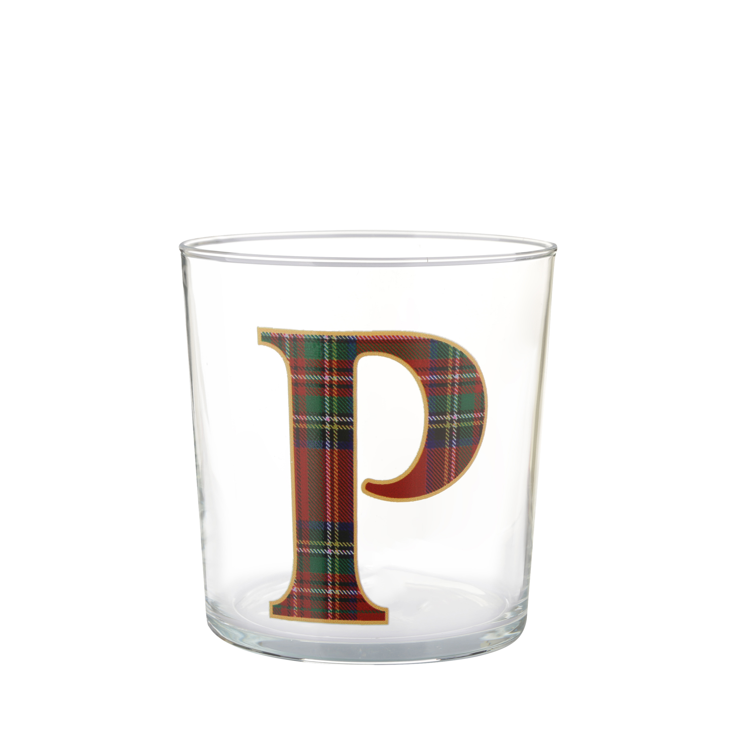 Bicchiere lettera P tartan rosso in vetro 360 ml